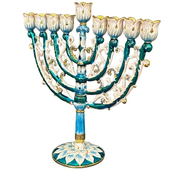 Menorah Hanukkah  Hand Painted Brass Enamel  NWB 6” By 6” Blue Teal Gold - Picture 10 of 16